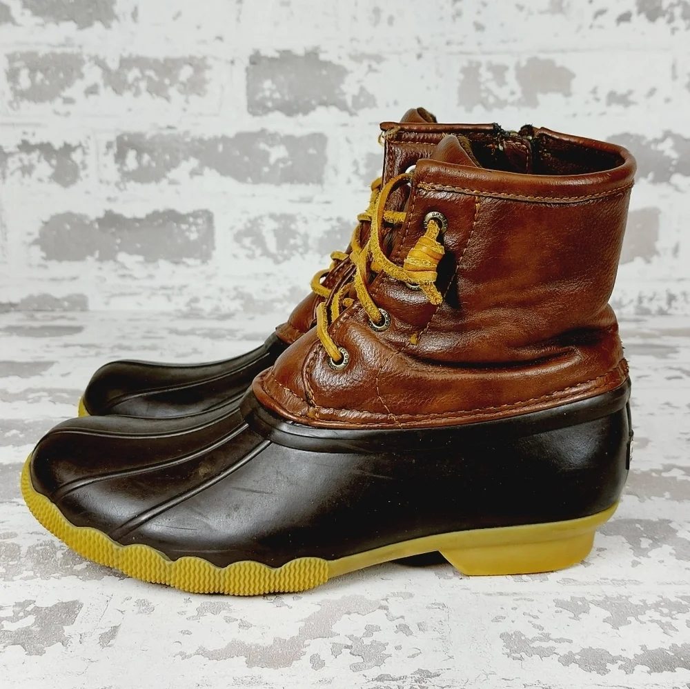 Sperry Saltwater Duck Rain Brown Leather Rubber Zip Waterproof Ankle Boots W230